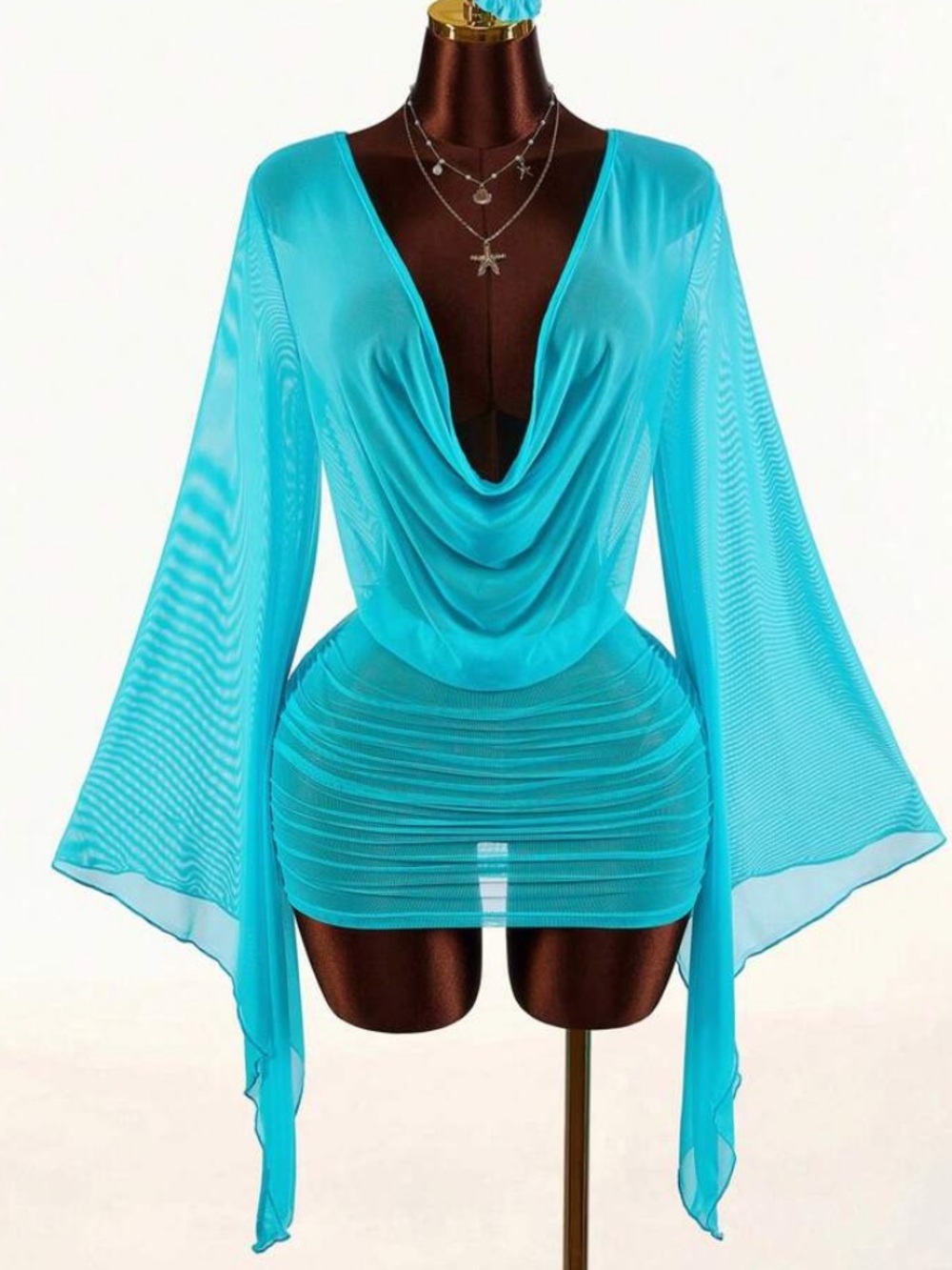Blue Sheer Drape Neck Women's Swim Cover-Up